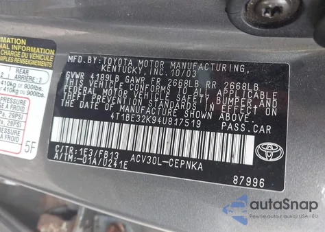 2004 Toyota Camry Le from USA, damaged, VIN 4T1BE32K94U817519